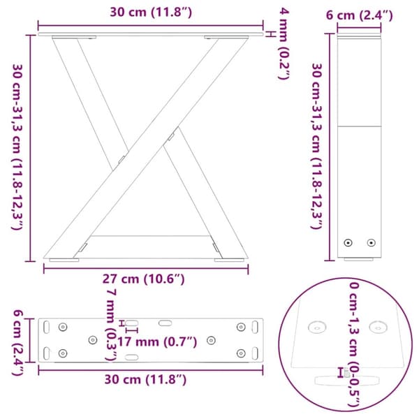 vidaXL Sohvapöydän jalat 2 kpl antrasiitti 30x(30-31,3) cm teräs