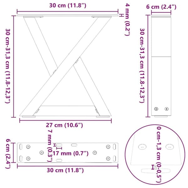 vidaXL Soffbordsben 2 st svart 30x(30-31,3) cm stål