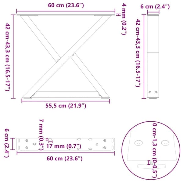 vidaXL Sohvapöydän jalat 2 kpl Musta 60x(42-43,3) cm Teräs