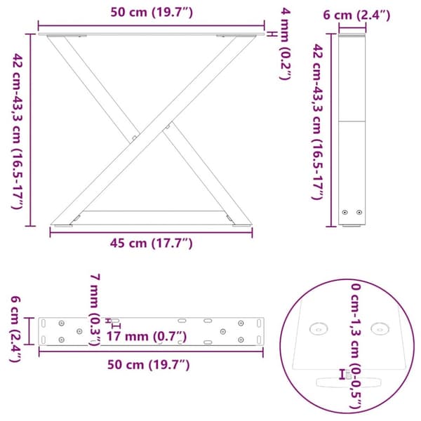 vidaXL Sohvapöydän jalat 2 kpl antrasiitti 50x(42-43,3) cm teräs