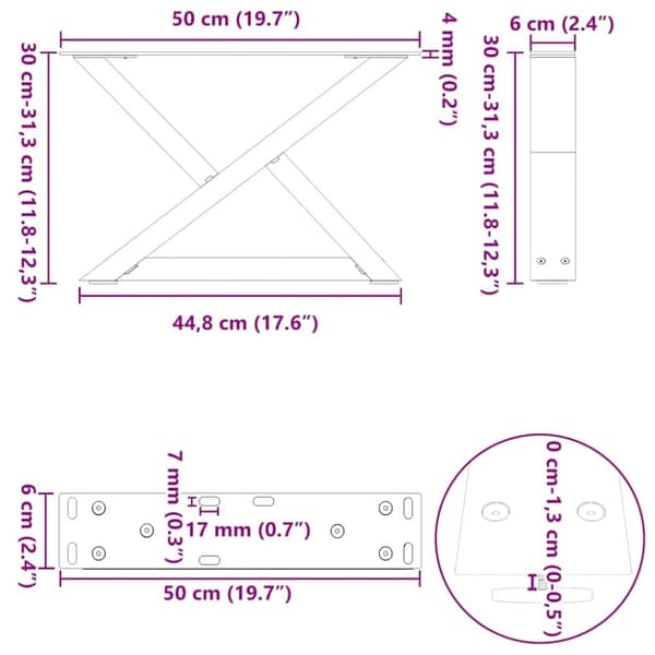 vidaXL Sohvapöydän jalat 2 kpl musta 50x(30-31,3) cm teräs