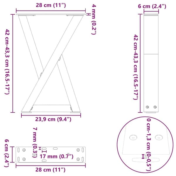 vidaXL Sohvapöydän jalat 2 kpl Antrasiitti 28x(42-43,3) cm Teräs