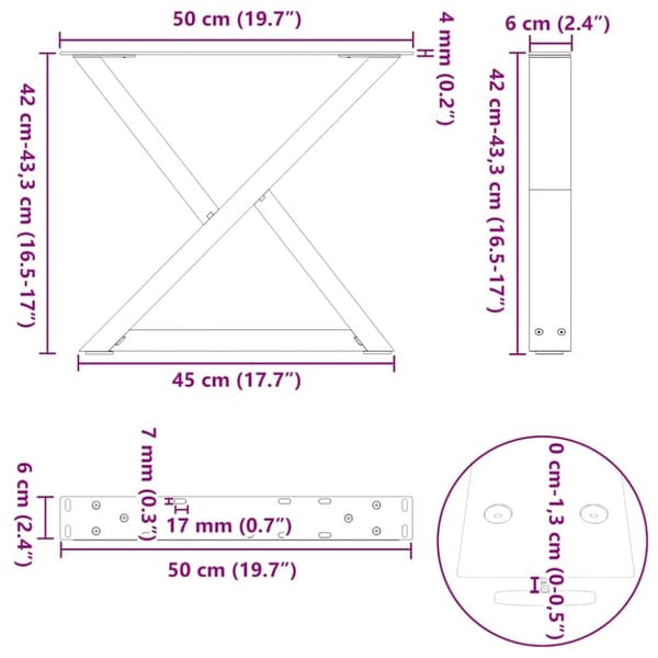 vidaXL Sohvapöydän jalat 2 kpl Valkoinen 50x(42-43,3) cm Teräs
