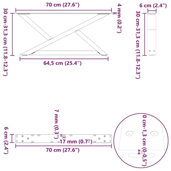 vidaXL Soffbordsben 2 st naturligt stål 70x(30-31,3) cm stål