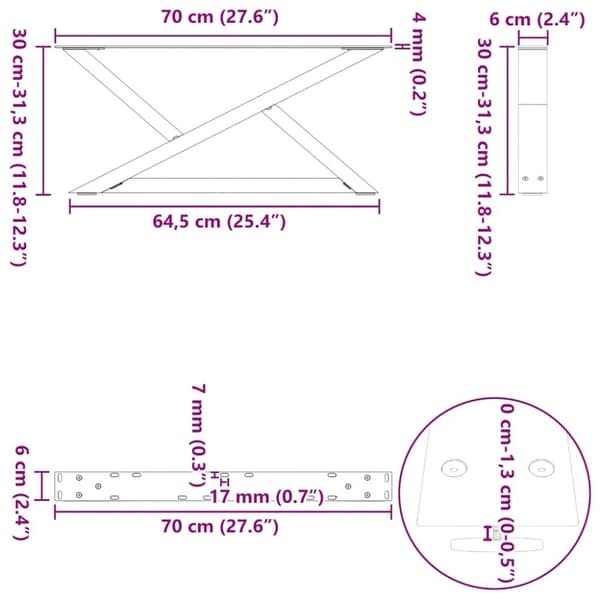 vidaXL Salongbordben 2 stk svart 70x(30-31,3) cm stål