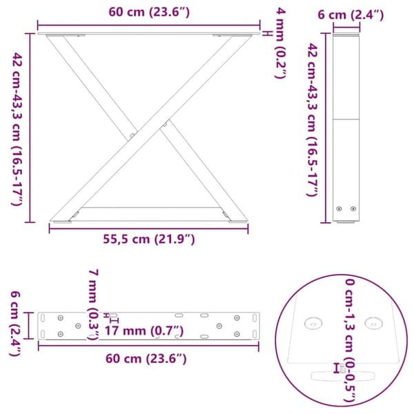 vidaXL Salongbordben 2 stk hvite 60 x (42-43,3) cm stål