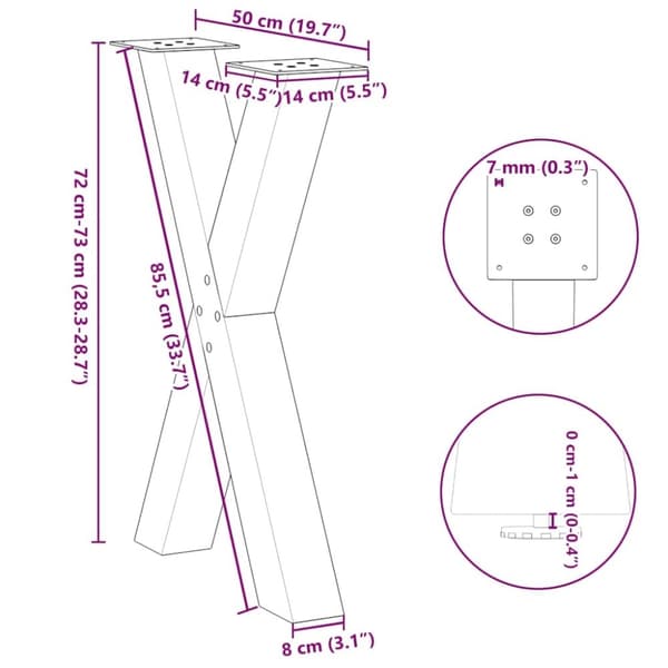 vidaXL ruokapöydän jalat X-muotoiset 2 kpl valkoinen 50x(72-73) cm