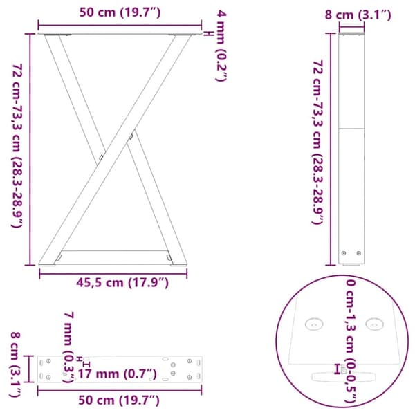 vidaXL Ruokapöydän jalat 2 kpl Valkoinen 50x(72-73,3) cm Teräs