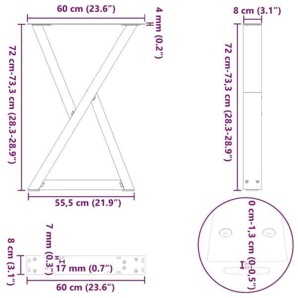 vidaXL Spisebordsben 2 stk Naturstål 60x(72-73,3) cm Stål