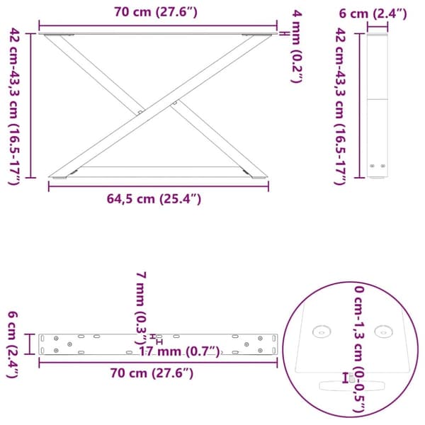 vidaXL Soffbordsben 2 st naturligt stål 70x(42-43,3) cm stål