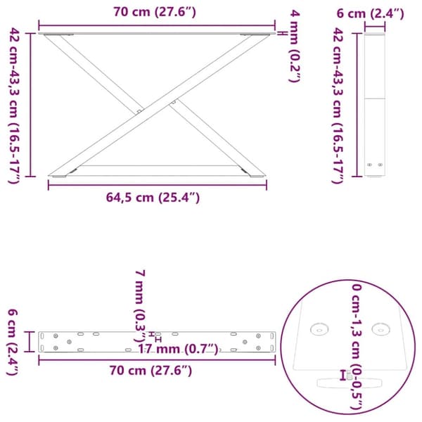vidaXL Salongbordben 2 stk svart 70 x (42-43,3) cm stål