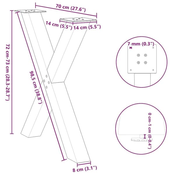 vidaXL Ruokapöydän jalat X-muotoiset 3 kpl valkoinen 70x(72-73) cm teräs