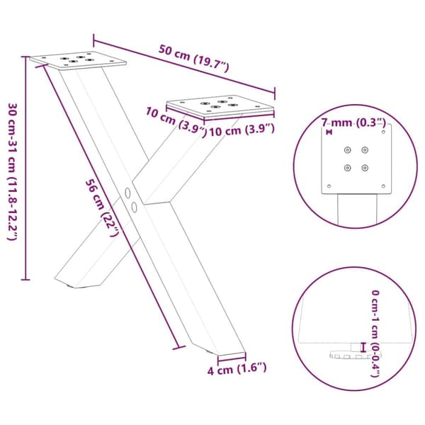 vidaXL Soffbordsben X-formade 2 st naturstål 50x(30-31) cm stål