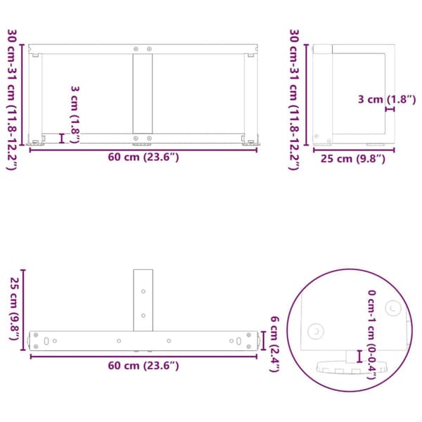 vidaXL Salongbordben T-formet 2 stk svart 60x25x(30-31) cm stål