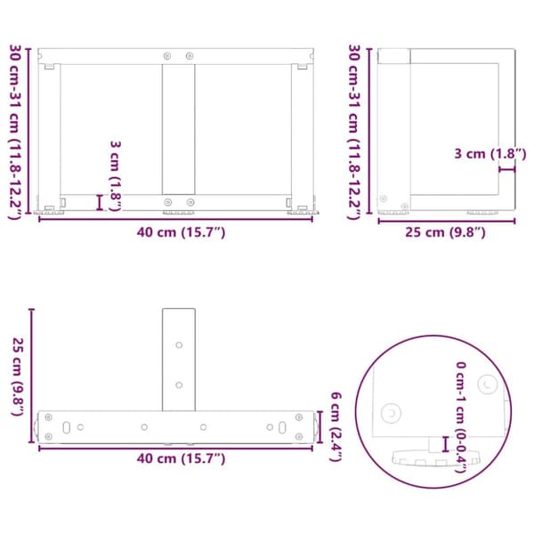 vidaXL sohvapöydän jalat T-muotoiset 2 kpl 40x25x(30-31) cm teräs