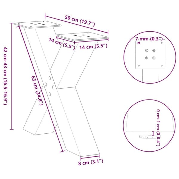 vidaXL Salongbordben X-formet 2 stk naturstål 50x(42-43) cm stål