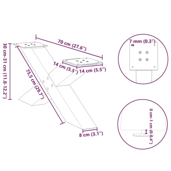 vidaXL Sohvapöydän jalat X-muotoiset 2 kpl Luonnonvärinen teräs 70x(30-31) cm Teräs