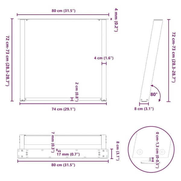 vidaXL Matbordsben U-formad 2 st naturstål 80x(72-73) cm stål