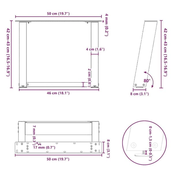 vidaXL Soffbordsben U-formade 2 st naturstål 50x(42-43) cm stål