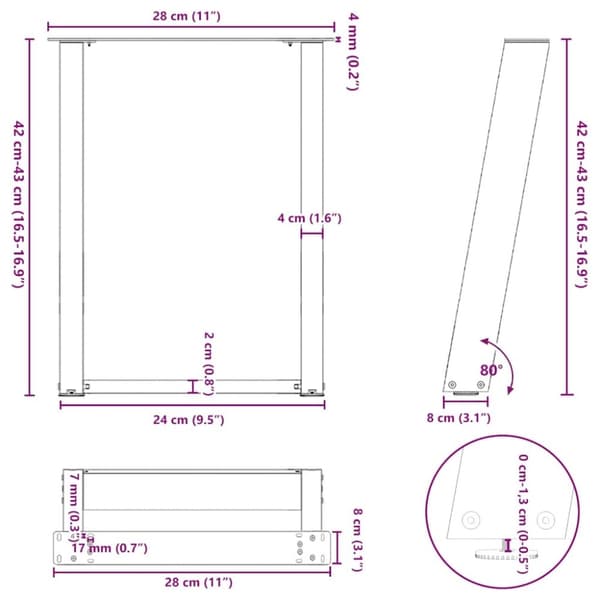vidaXL sofabordben U-formet 2 stk. naturstål 28x(42-43) cm stål