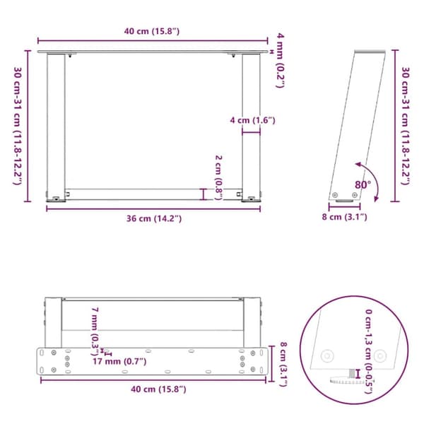 vidaXL Soffbordsben U-formade 2 st naturstål 40x(30-31) cm stål