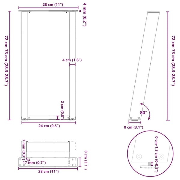 vidaXL konsolbordsben U-formet 2 stk. naturstål 28x(72-73) cm stål