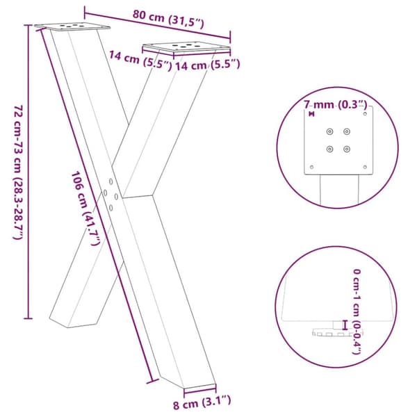 vidaXL Matbordsben X-formad 2 st naturstål 80x(72-73) cm stål