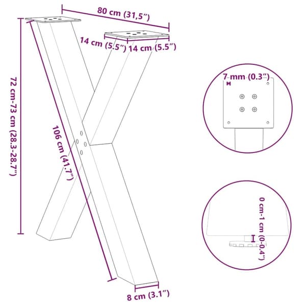 vidaXL Matbordsben X-formad 3 st naturstål 80x(72-73) cm stål