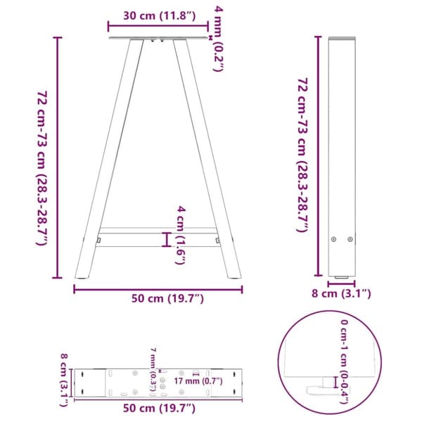vidaXL Soffbordsben A-formade 2 st 50x(72-73) cm stål