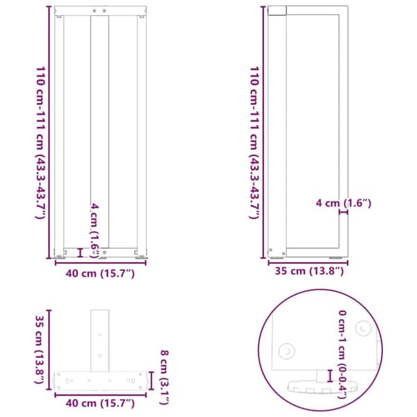 vidaXL Barbordsben T-formad 2 st naturstål 40x35x(110-111) cm stål