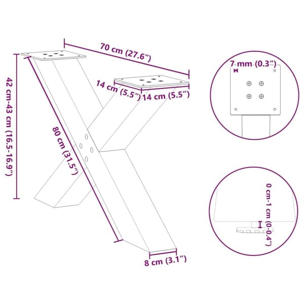 vidaXL Salongbordben X-formet 2 stk naturstål 70 x (42-43) cm stål