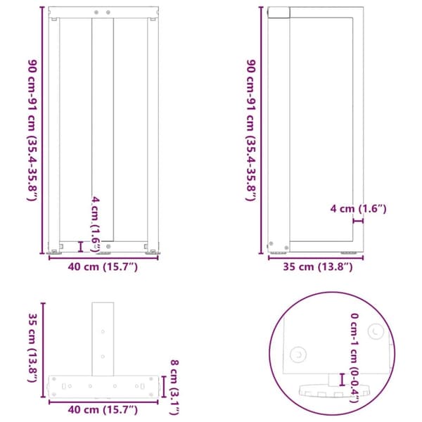 vidaXL Barbordsben T-formad 2 st naturstål 40x35x(90-91) cm stål