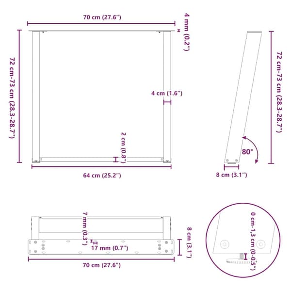 vidaXL Matbordsben U-formad 2 st naturstål 70x(72-73) cm stål