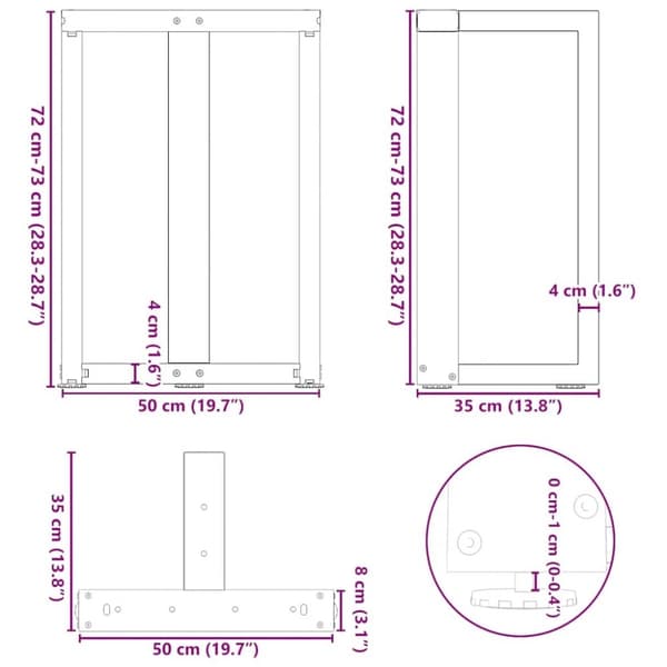 vidaXL Matbordsben T-formad 2 st naturstål 50x35x(72-73) cm stål