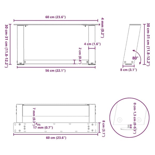 vidaXL Soffbordsben U-formade 2 st naturstål 60x(30-31) cm stål