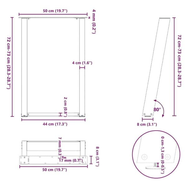vidaXL Spisebordsben U-formet 2 stk. naturstål 50x(72-73) cm stål