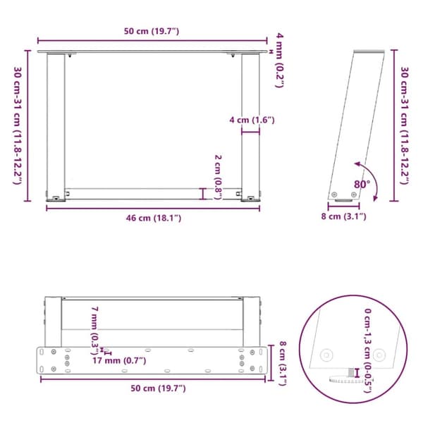 vidaXL Salongbordben U-formet 2 stk naturstål 50x(30-31) cm stål