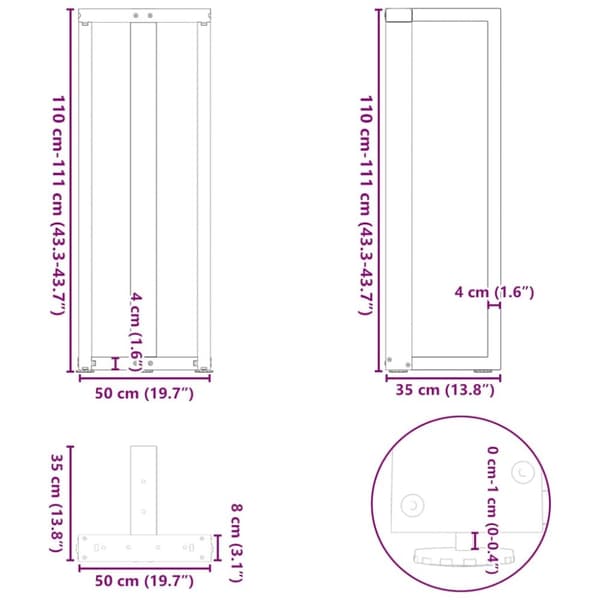 vidaXL Baaripöydän jalat T-muotoiset 2 kpl 50x35x(110-111) cm teräs