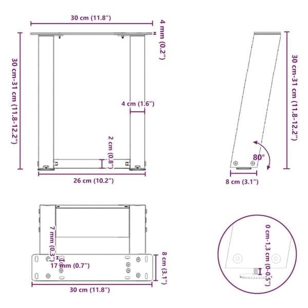 vidaXL Salongbordben U-formet 2 stk naturstål 30x(30-31) cm stål