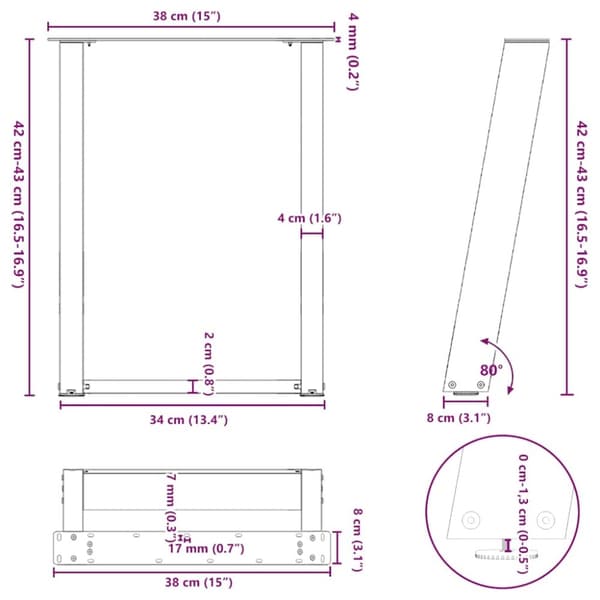 vidaXL sofabordben U-formet 2 stk. naturstål 38x(42-43) cm stål