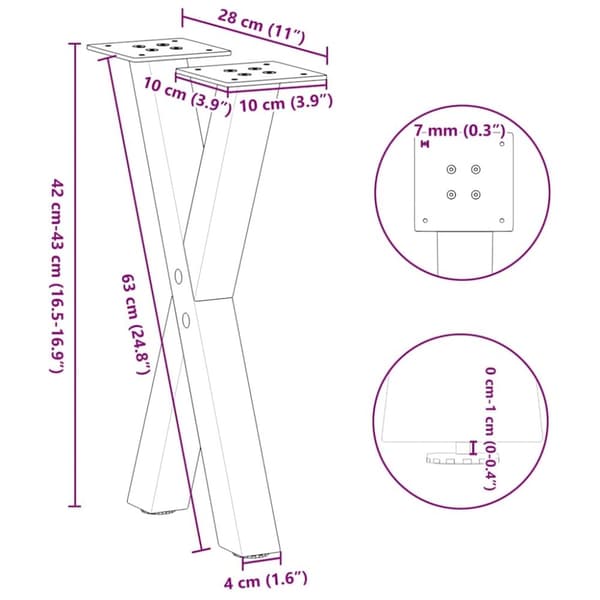 vidaXL Sohvapöydän jalat X-muotoiset 2 kpl Luonnonvärinen teräs 28x(42-43) cm Teräs