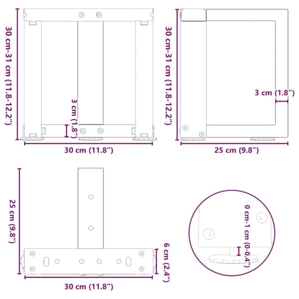 vidaXL Salongbordben T-formet 2 stk naturell 30x25x(30-31) cm stål