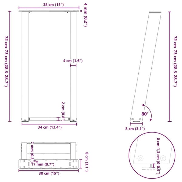 vidaXL Konsollbordben U-formet 2 stk naturstål 38 x (72-73) cm stål