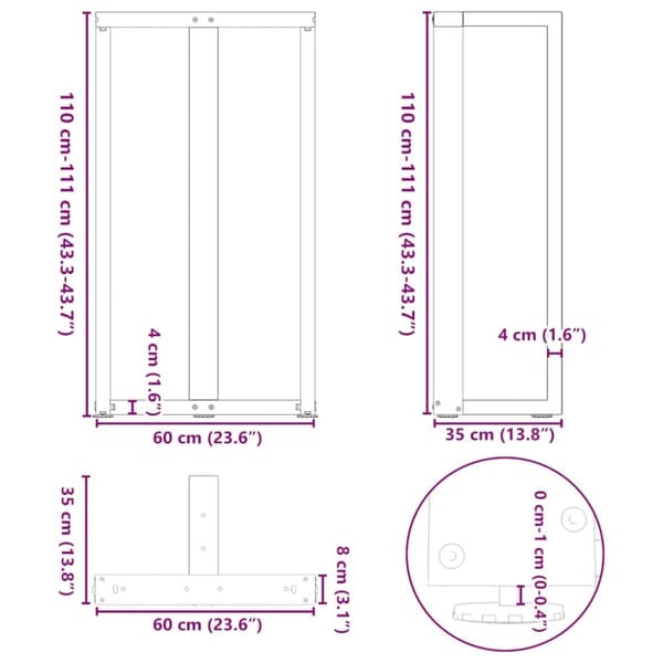 vidaXL Barbordben T-formet 2 stk svart 60x35x(110-111) cm stål