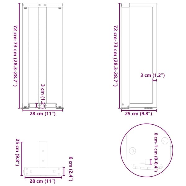 vidaXL Konsollbordben T-formet 2 stk naturell 25x28x(72-73) cm stål