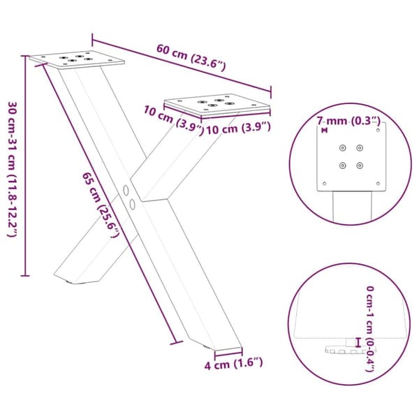 vidaXL Salongbordben X-formet 2 stk naturstål 60 x (30-31) cm stål