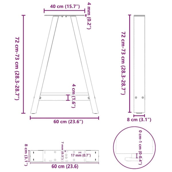 vidaXL sofabordben A-formet 2 stk 60x(72-73) cm stål