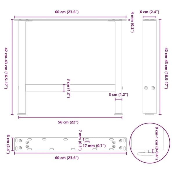 vidaXL Sohvapöydän jalat antrasiitti 2 kpl 60x(42-43) cm teräs