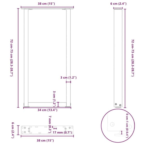 vidaXL Konsollbordben U-formet 2 stk naturstål 38 x (72-73) cm stål