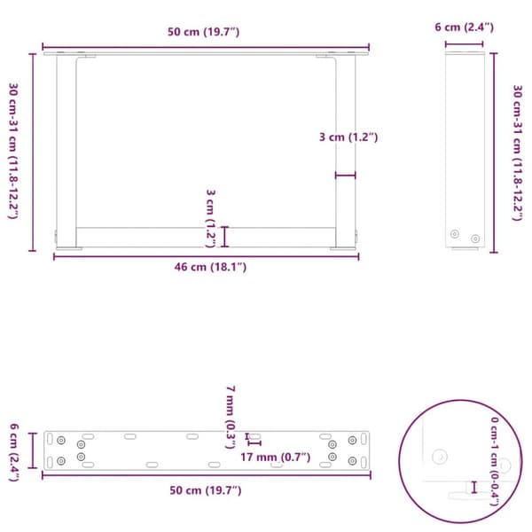 vidaXL Salongbordben U-formet 2 stk naturstål 50x(30-31) cm stål